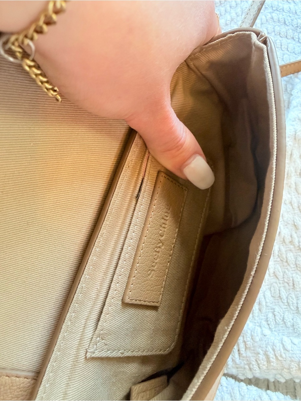 Chloe Beige/Tan Leather & Suede Crossbody with Gold Ring Detail - Picture 7 of 8